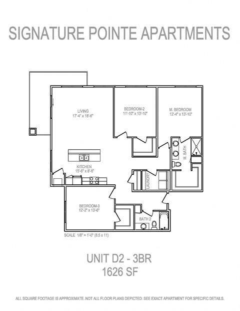 Floor plan for 3 beds, 2 baths, 1626 sqft